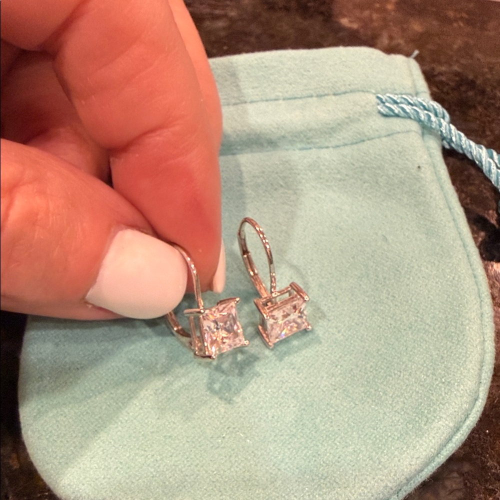 Lever back earrings, 925 sterling silver with radiant cut CZs